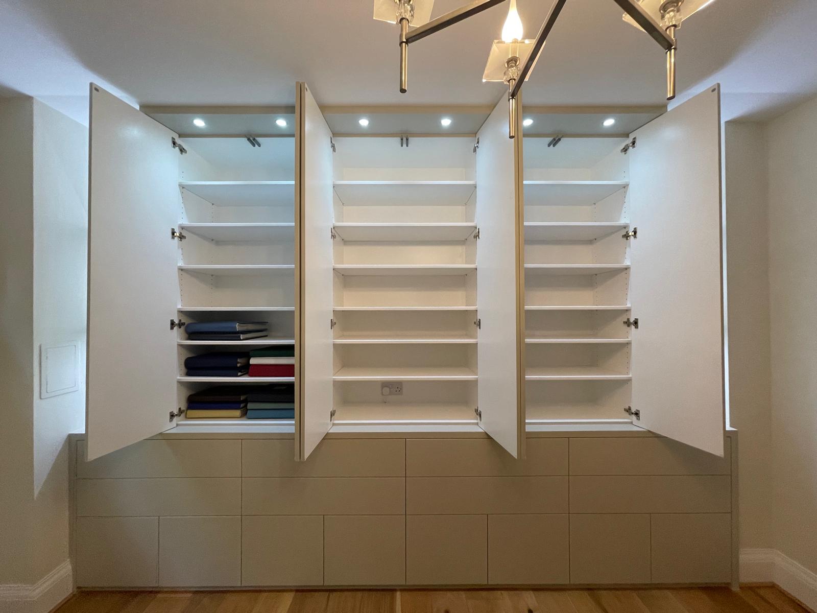 Custom fitted corner desk with overhead cabinets in Slough