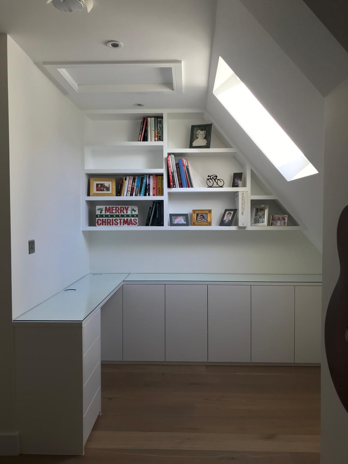 Bespoke built-in desk and storage in Berkshire home office