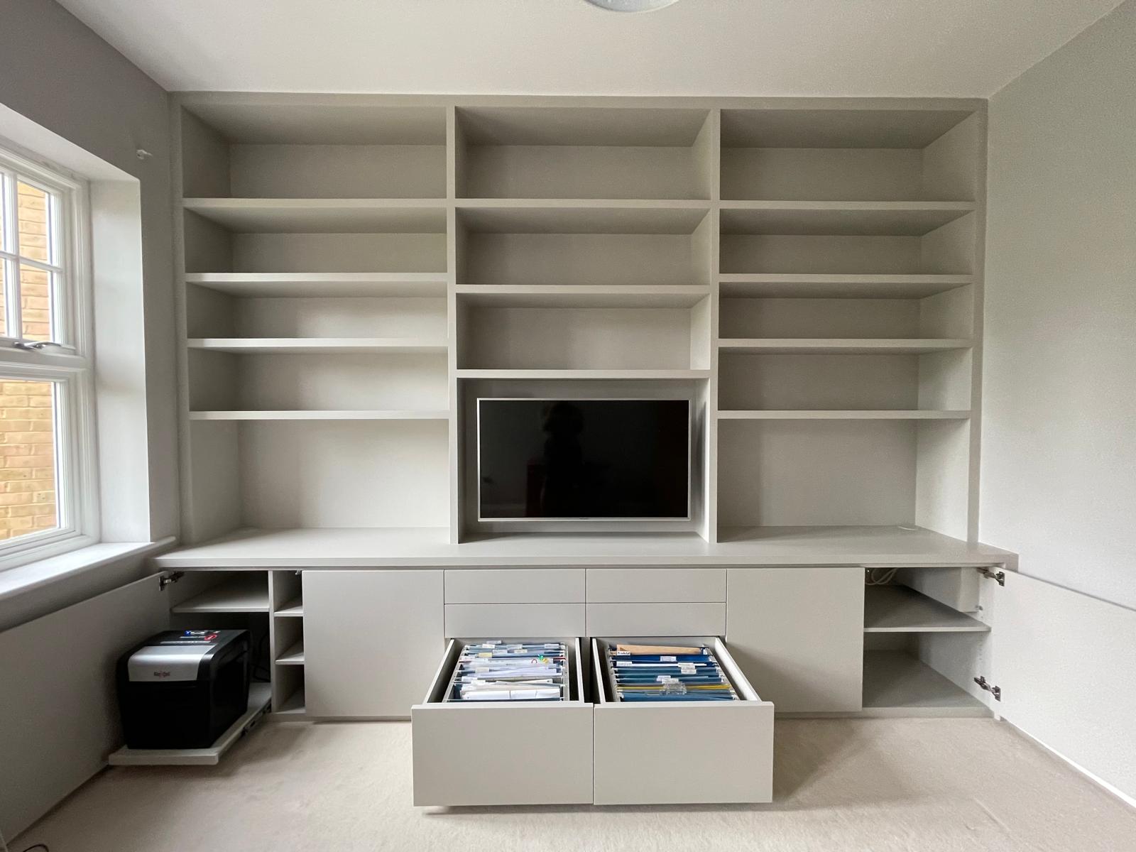Custom fitted desk with drawer storage in Windsor home office
