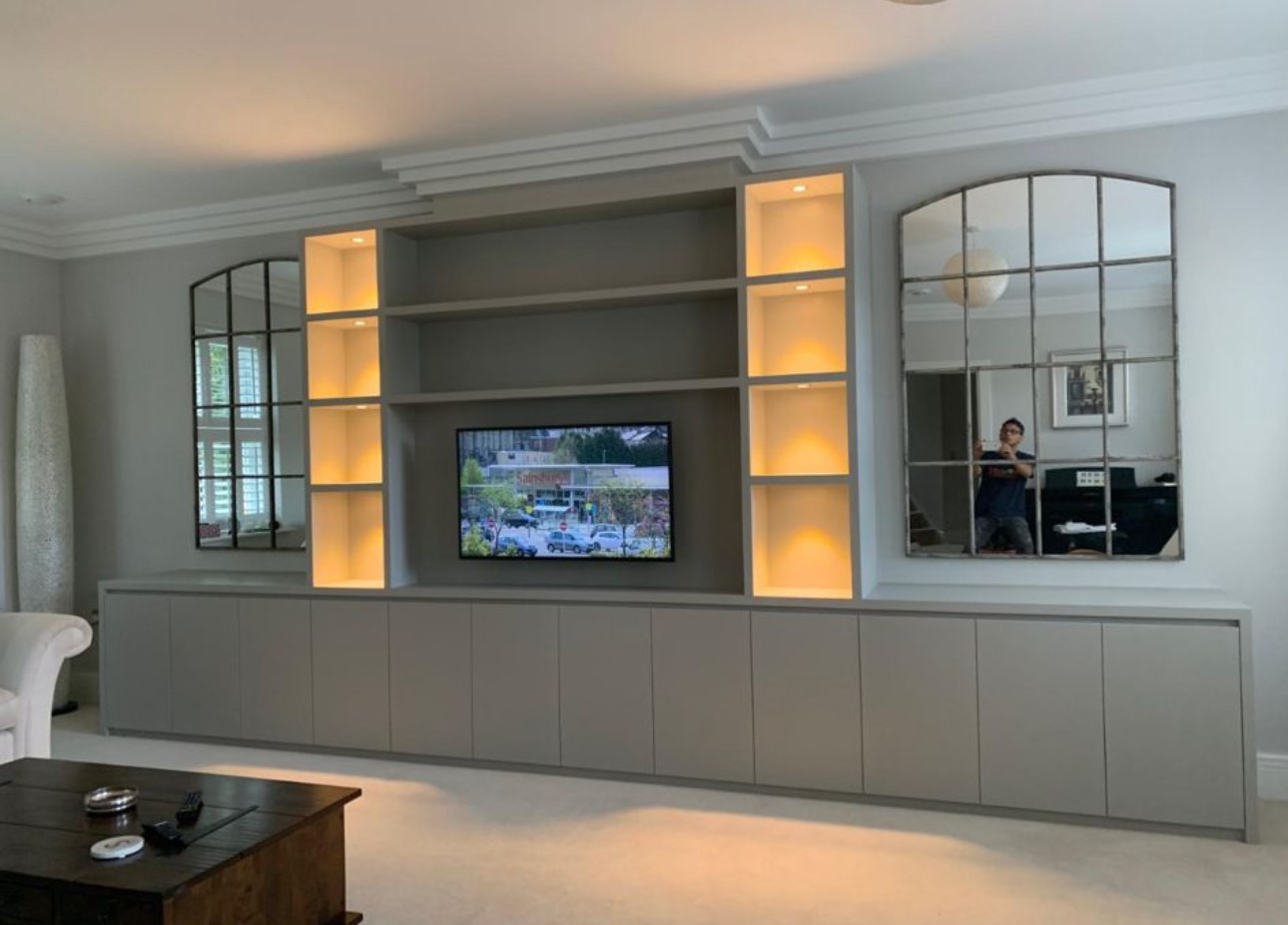 Bespoke fitted alcove cabinets and shelving in Windsor living room